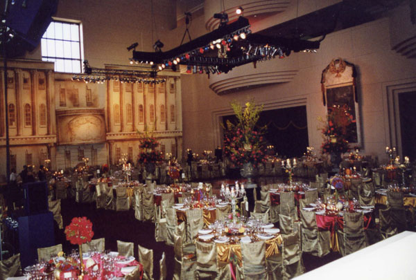 A gala event with table and overhead lighting